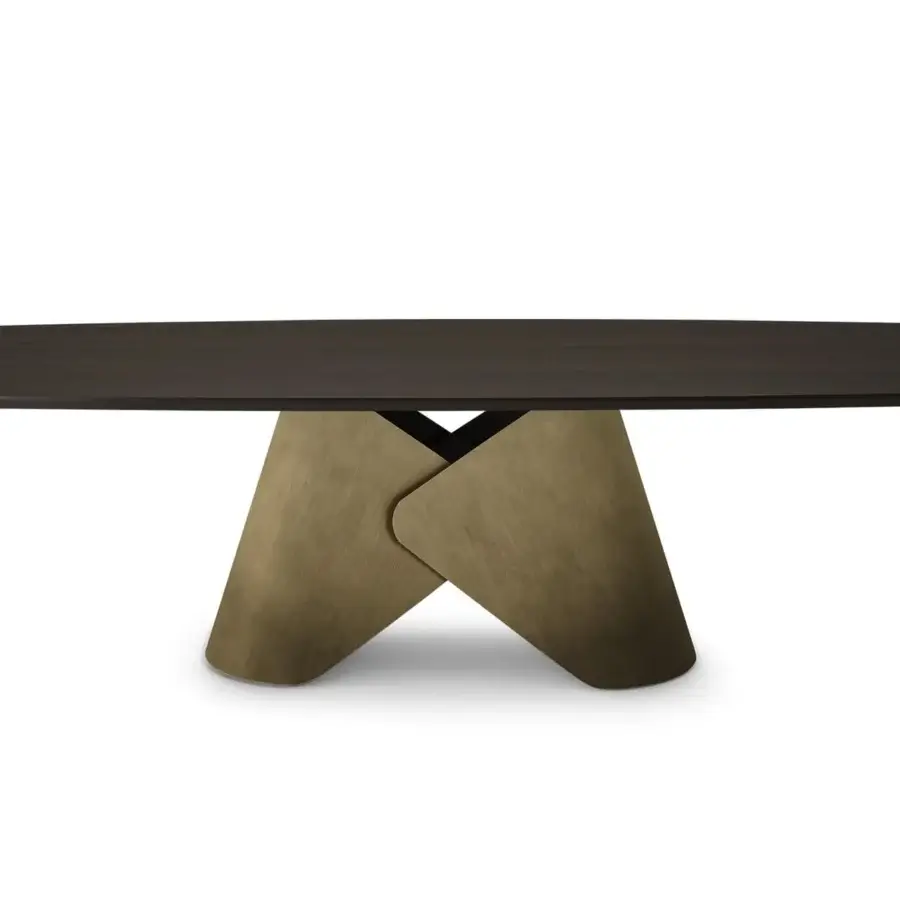 Exceptional Cattelan Italia Scott Wood table with a dark brown matte wood top and sculptural metal base crafted with overlapping plates