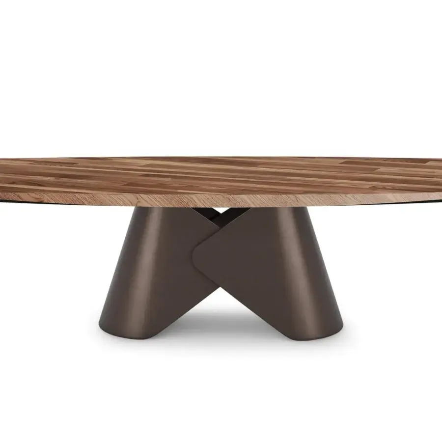 Meticulous Cattelan Italia Scott Wood table crafted with a boat-shaped wood top and sculptural bronze-finished metal base