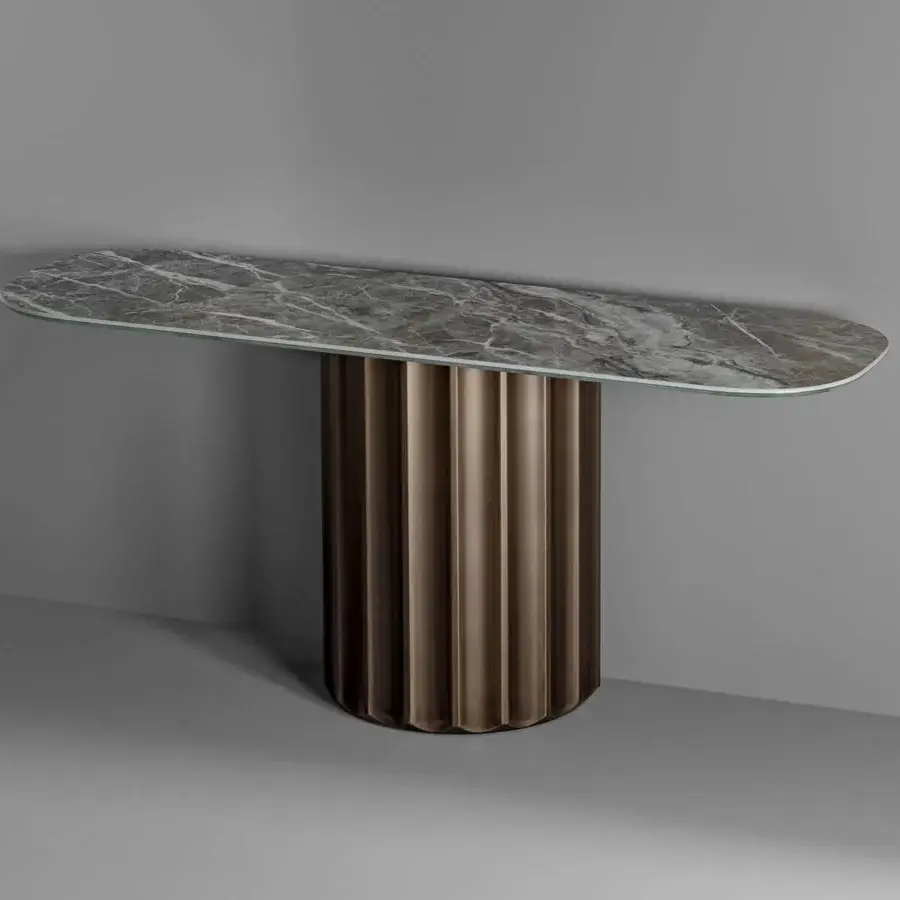 Architectural Bonaldo Dorian console with oval tabletop in grey and white marble-like material and bronze-toned matte brushed polyurethane base