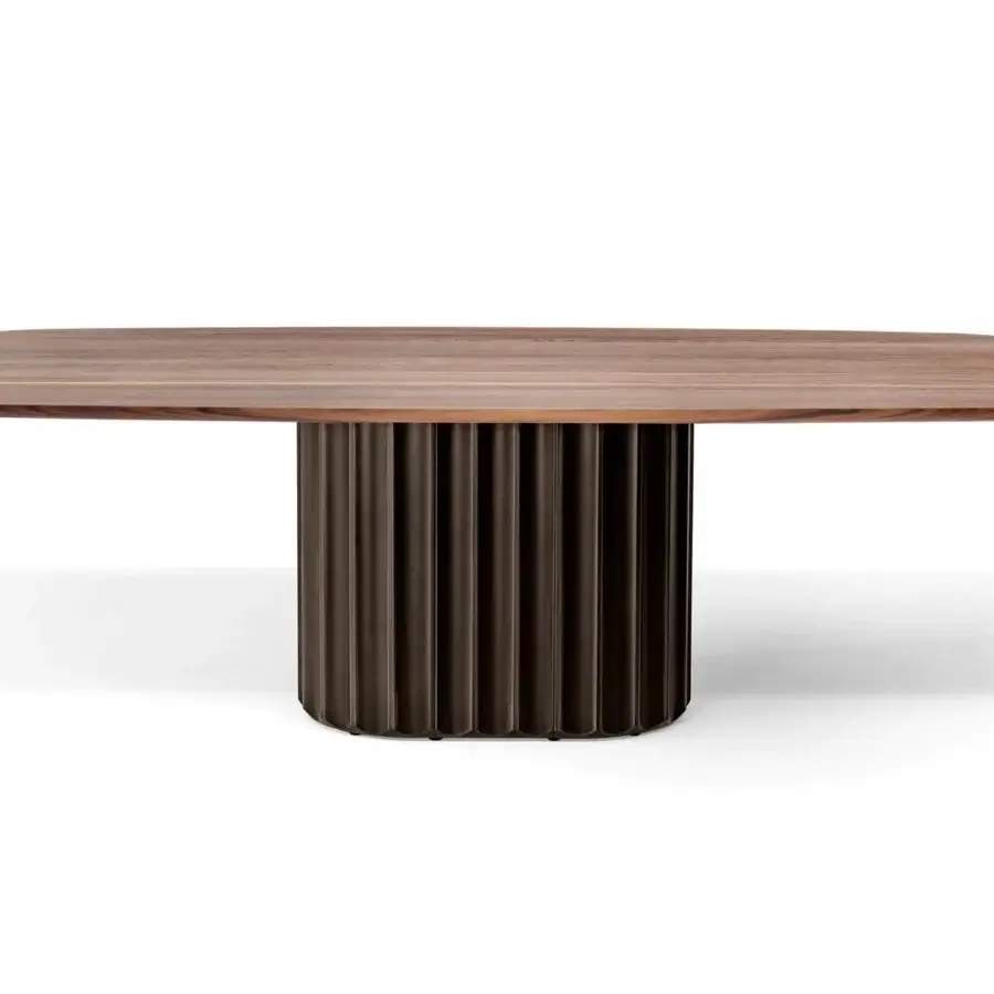 Architectural Bonaldo Dorian table with wood top and striking sculptural cylindrical base crafted in matte finish