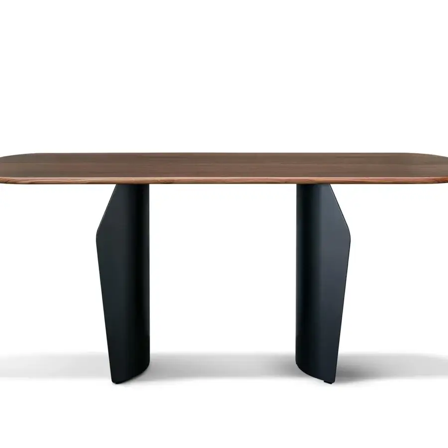 Harmonious Bonaldo Flame console with rich wood top and dark metal base in a matte finish