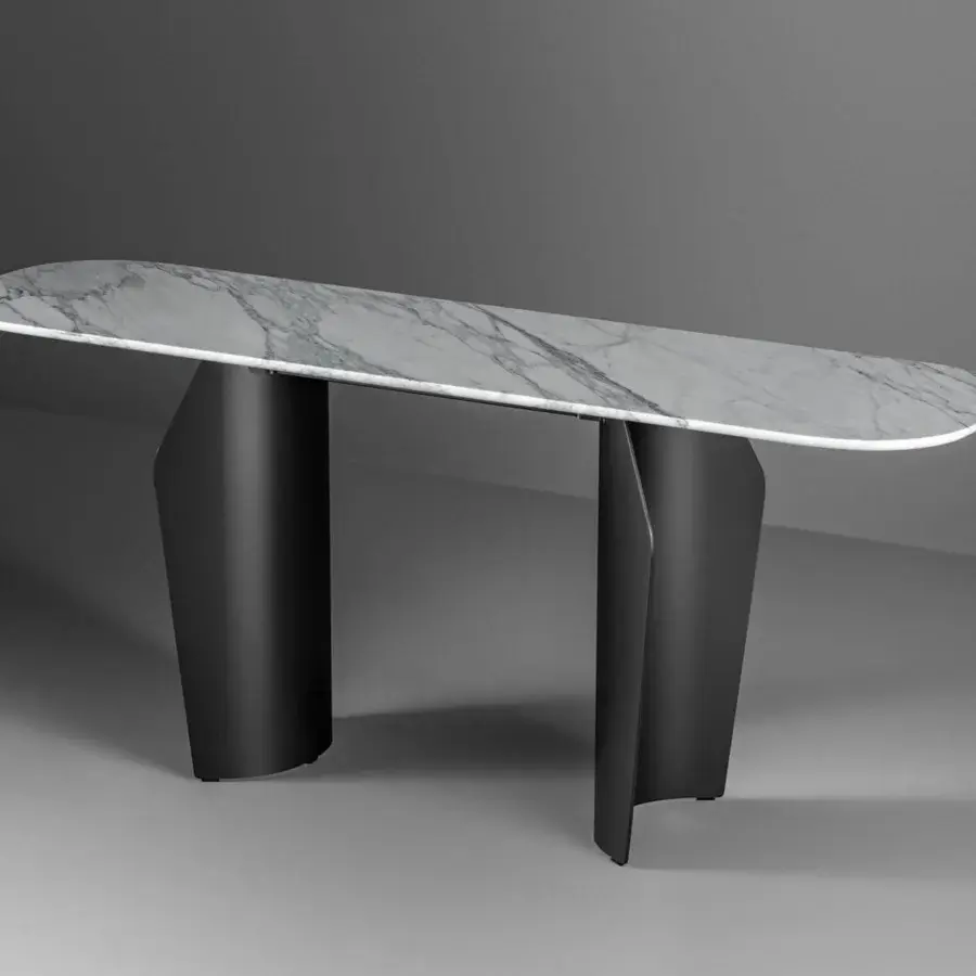 Elegant Bonaldo Flame console with white marble top and sinuous matte black metal base crafted in Italy