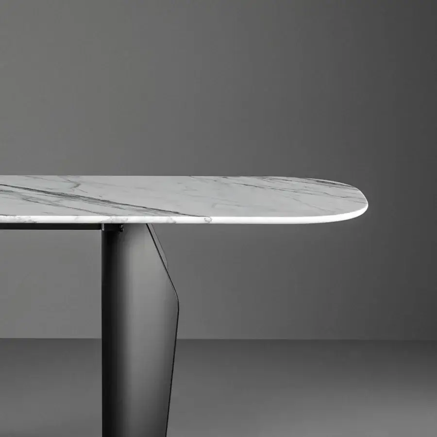 Distinguished Bonaldo Flame console with a refined marble top and matte black metal base creating a suspended effect
