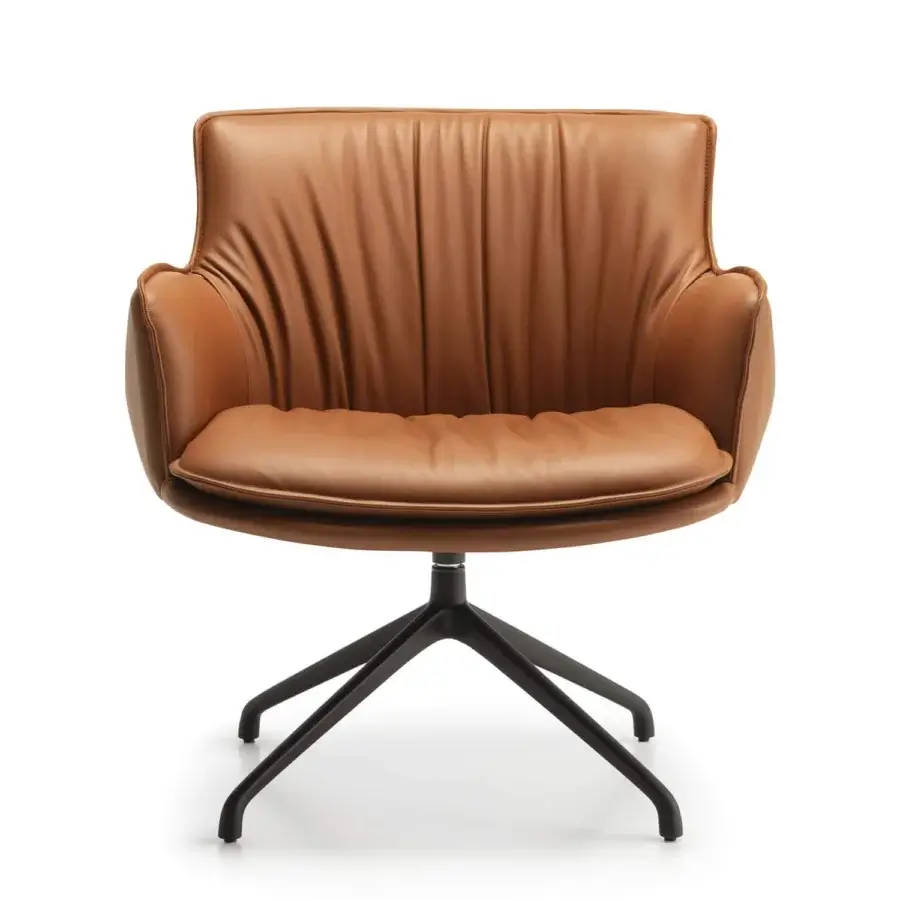 Exceptional Cattelan Italia Rhonda lounge chair in supple brown leather with sleek dark-finished metal legs and soft backrest folds