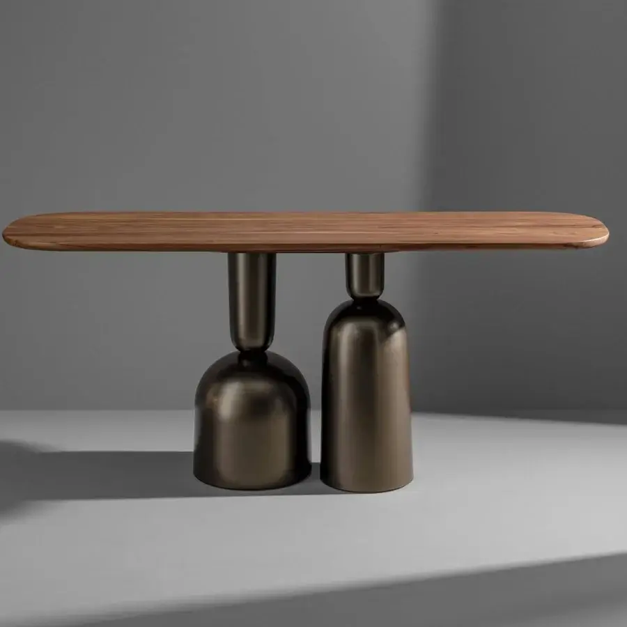 Distinctive Bonaldo Cop console with wood tabletop and bronze cylindrical metal pedestals crafted in Italy
