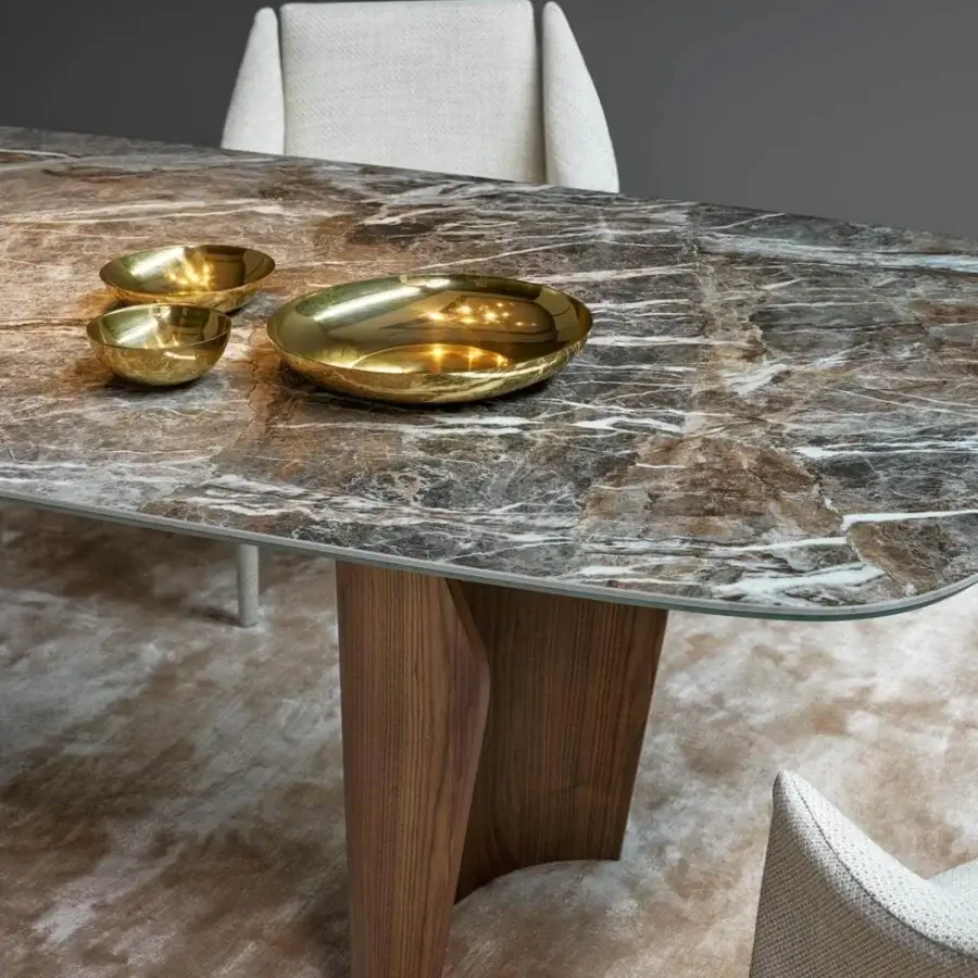 Harmonious Bonaldo Flame table with sinuous wooden base and shaped ceramic tabletop in brown, gray, and white tones with a glossy finish