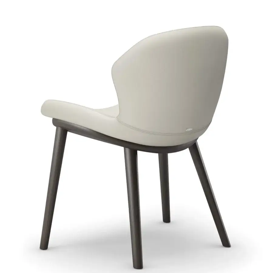 Elegant Cattelan Italia Rachel Wood chair with a polygonal backrest, arched seat, light gray textile upholstery and dark stained wood base