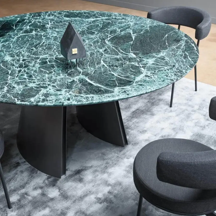 Superior Bonaldo Torii table with a glossy dark green marble top and dark metal inclined base