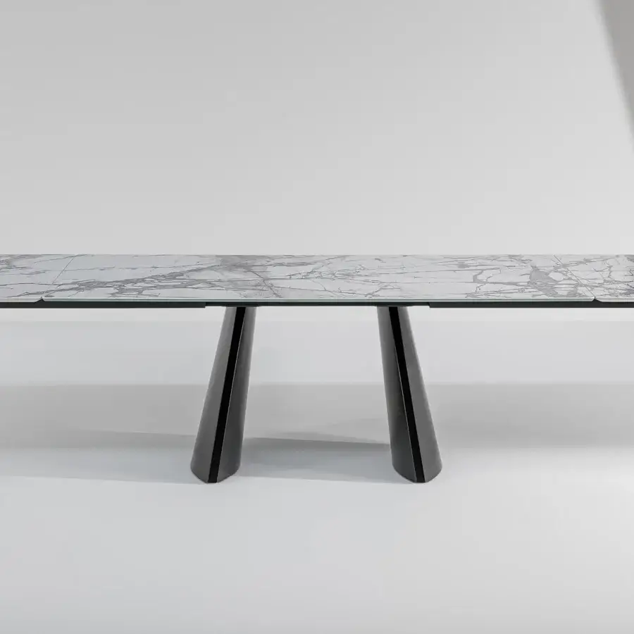 Elegant Bonaldo Torii extendable table with gray and white marbled ceramic top and black metal base