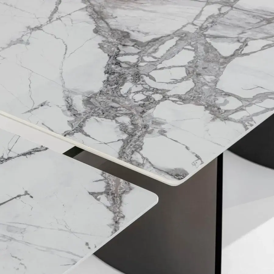 Superior Bonaldo Torii extendable table with glossy white ceramic top displaying gray veining and dark metal base