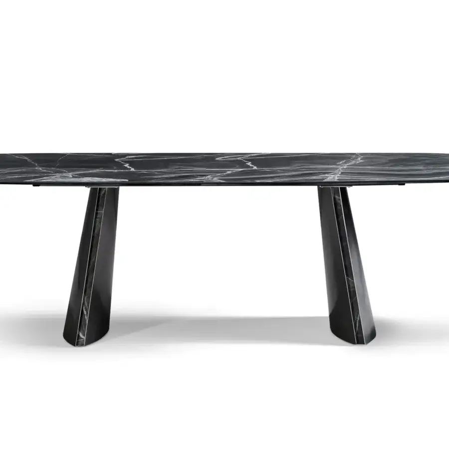Distinguished Bonaldo Torii table with dark ceramic top displaying white marbling and inclined metal pedestal legs