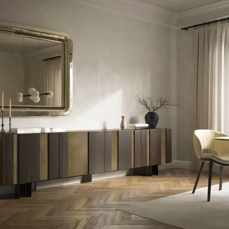 Sophisticated Cattelan Italia Amsterdam sideboard with alternating dark matte and lighter wood slats, built with Oxybrass finished structure