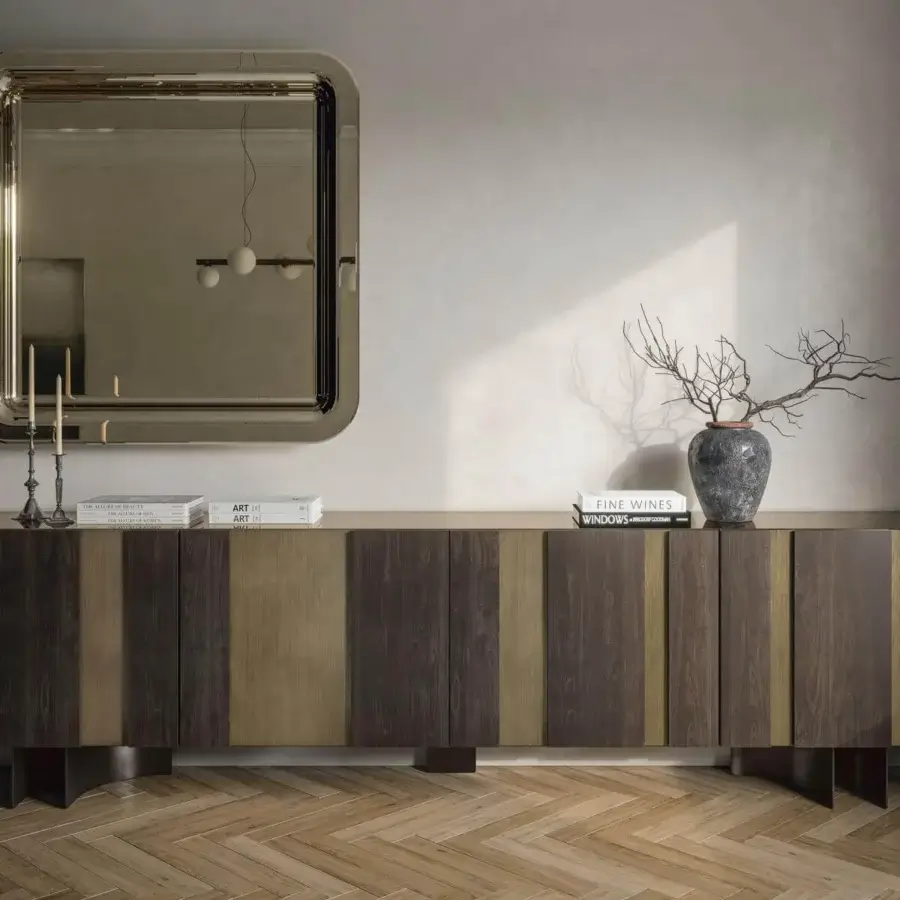 Exceptional Cattelan Italia Amsterdam sideboard with alternating burnt oak slats and uniquely curved Oxybrass feet crafted with freehand brushed finish