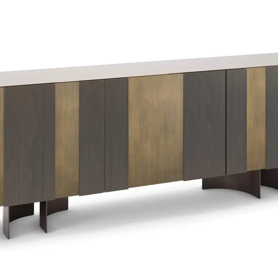 Exclusive Cattelan Italia Amsterdam sideboard built in alternating vertical Oxybrass slats with protruding burnt oak inserts and curved steel feet