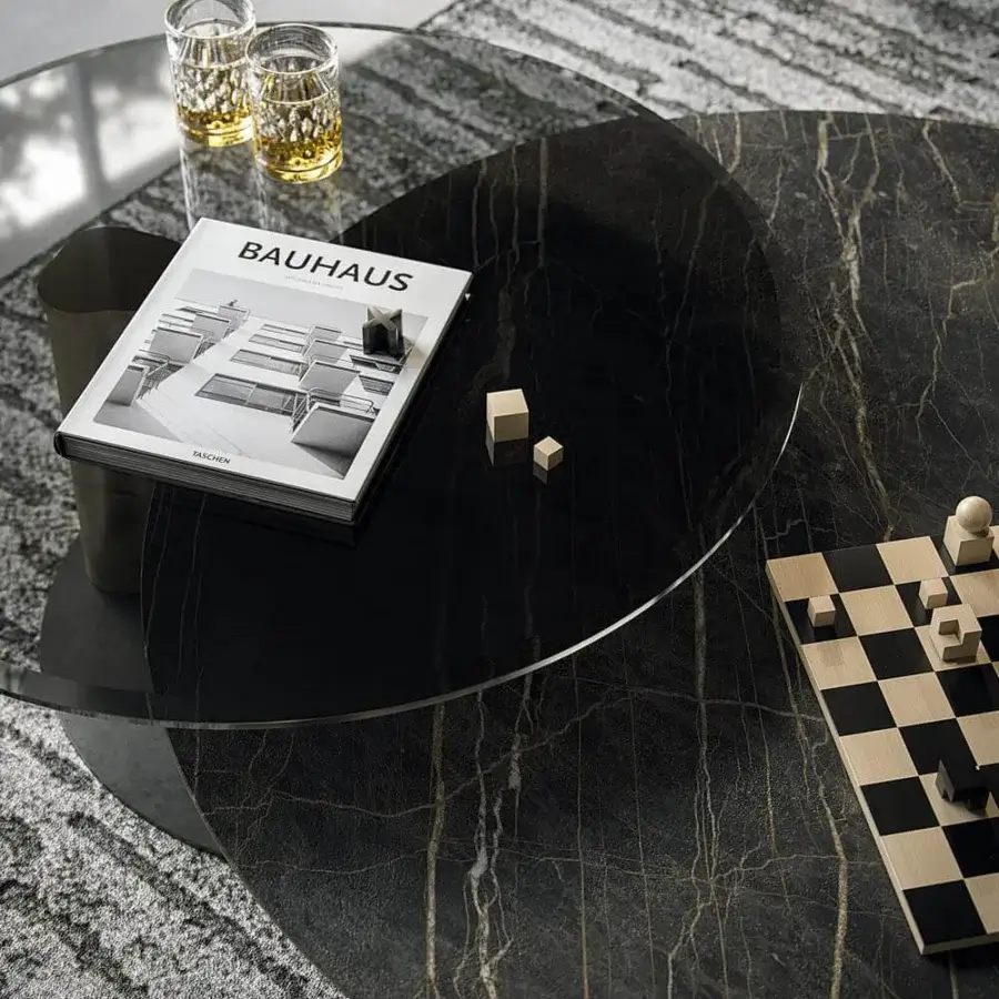Superior Cattelan Italia Arena Keramik coffee table with marble-effect ceramic and smoked glass, supported by a brushed column with glossy sheen
