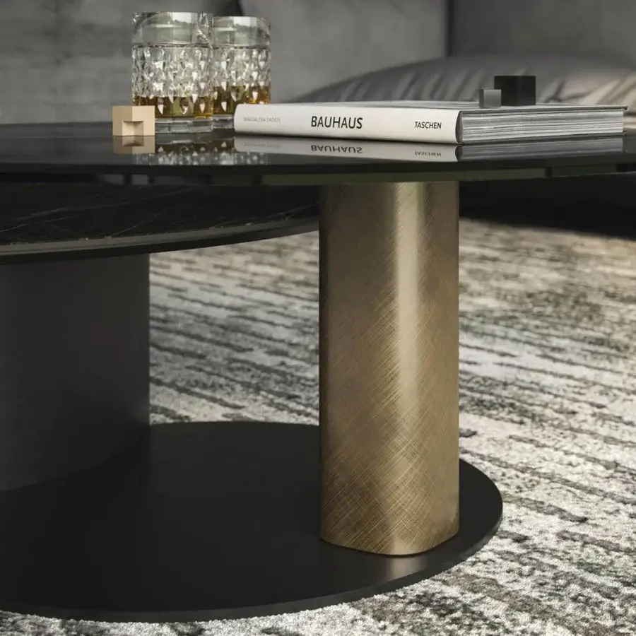 Captivating Cattelan Italia Arena Keramik coffee table with marble-effect ceramic and brushed finish column supporting smoked glass side table