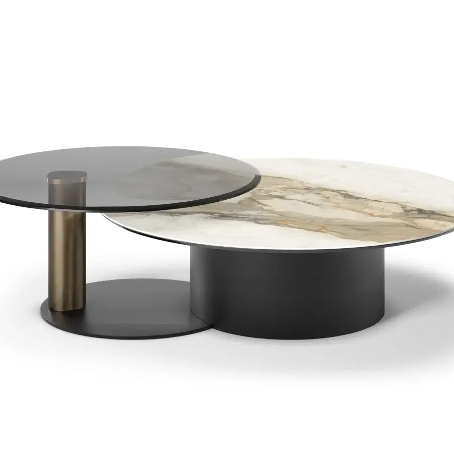 Distinguished Cattelan Italia Arena Keramik coffee table with swirling ceramic and smoked glass swivel top in a brushed finish