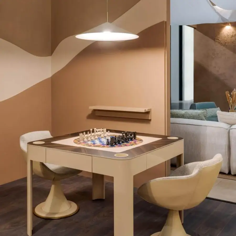 Distinguished Vismara Enigma multi-game table crafted in light beige matte lacquer with wood veneer rails and Carrom printed glass