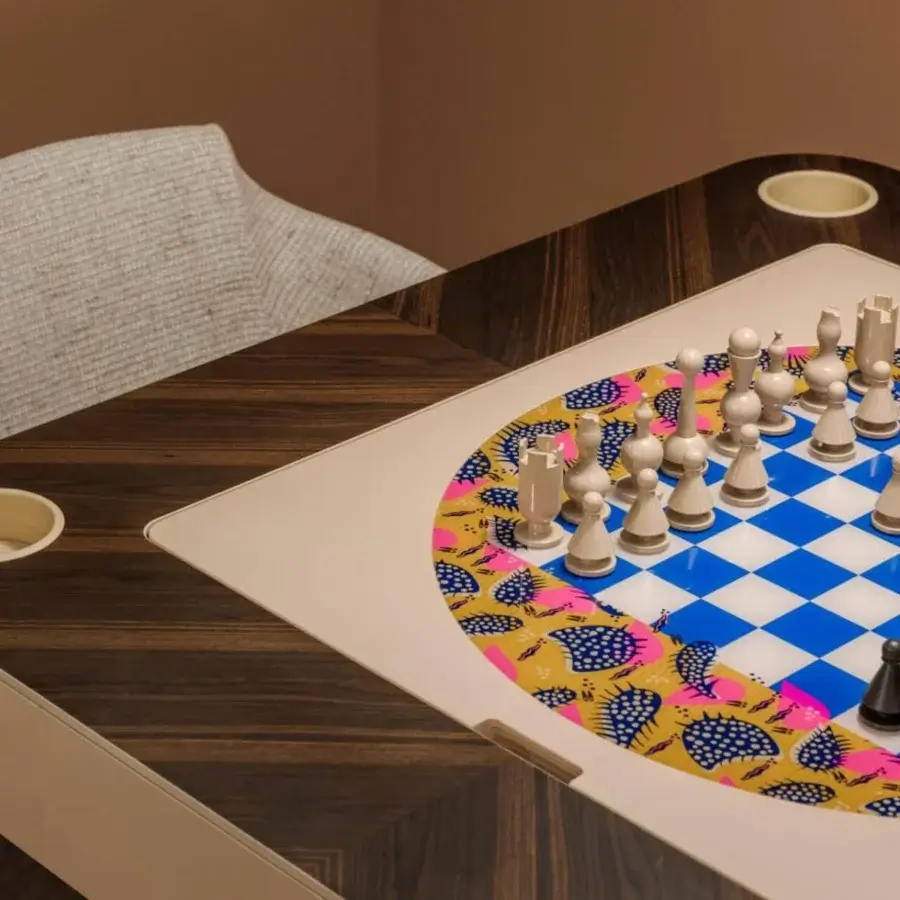 Exceptional Vismara Enigma multi-game table crafted in Italy with printed glass Carrom layout and dark stained wood rails