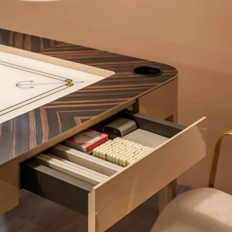 Distinguished Vismara Enigma multi-game table with Carrom layout on back-lacquered glass and veneered wood rail built with a soft touch lacquered finish