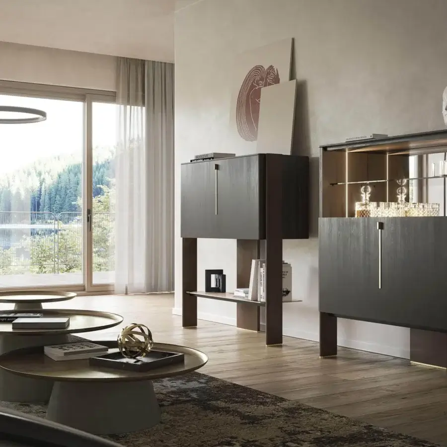 Exceptional Cattelan Italia Cremona bar cabinet with dark wood, brass-colored steel handle, illuminated glass shelves and marble-effect ceramic