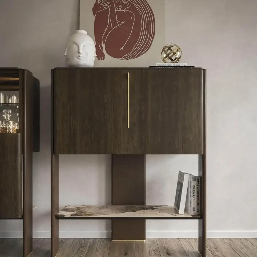 Refined Cattelan Italia Cremona bar cabinet with dark wood and marble-effect ceramic, accented by a brass-colored steel handle