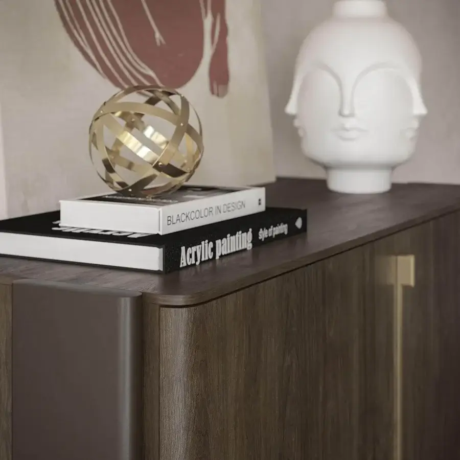 Captivating Cattelan Italia Cremona bar cabinet with medium-toned brown wood and marble-effect ceramic, built with a brass-colored steel accent