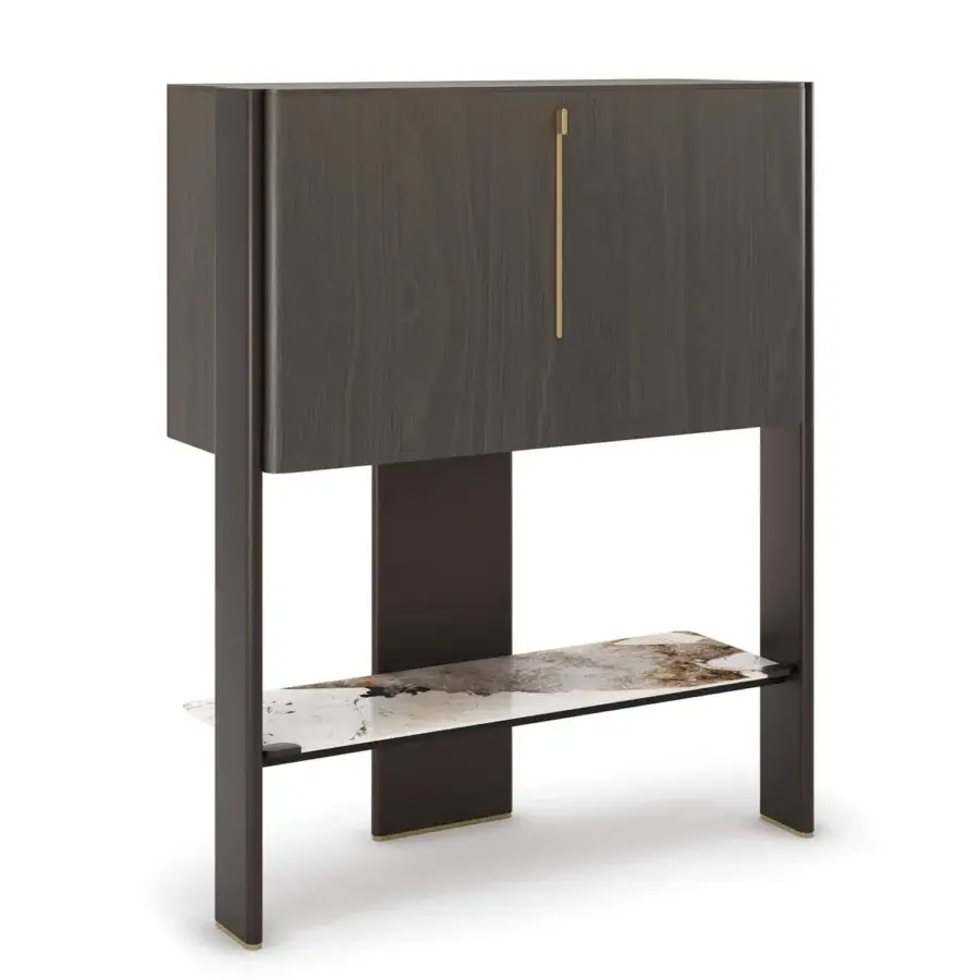 Distinguished Cattelan Italia Cremona bar cabinet with dark wood, brass handle, and beige marble-effect ceramic shelf