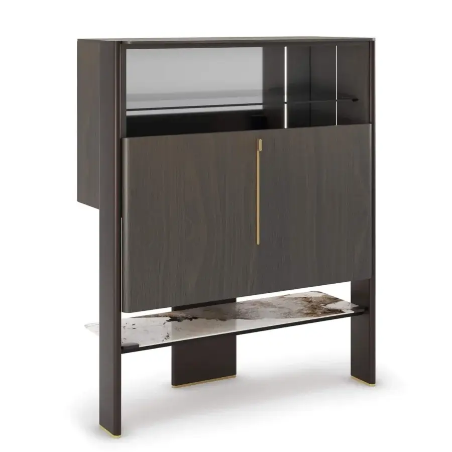 Exclusive Cattelan Italia Cremona bar cabinet with stained dark wood, brass accents, and marble-effect ceramic shelving