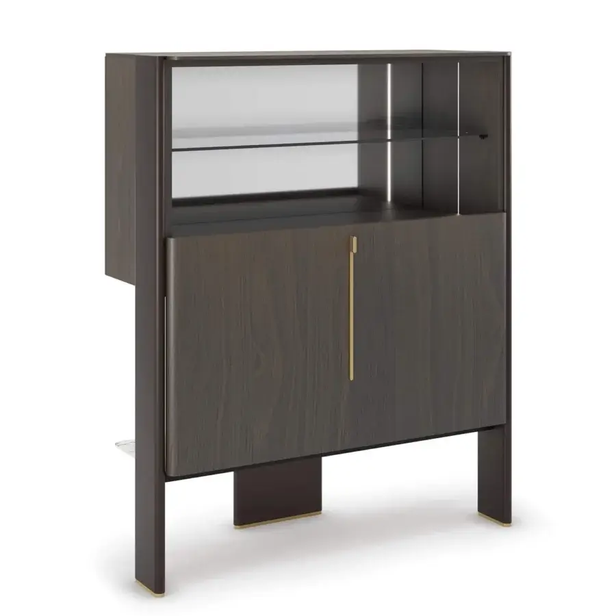 Superior Cattelan Italia Cremona bar cabinet with dark brown wood, marble-effect ceramic, and brass-colored steel accents