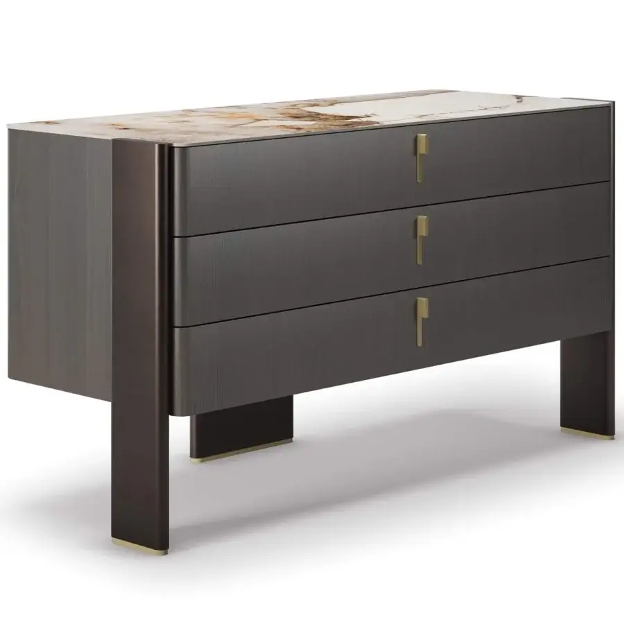 Elegant Cattelan Italia Julian dresser with dark gray wood, ceramic top, and brass-colored steel accents displaying sophisticated Italian design