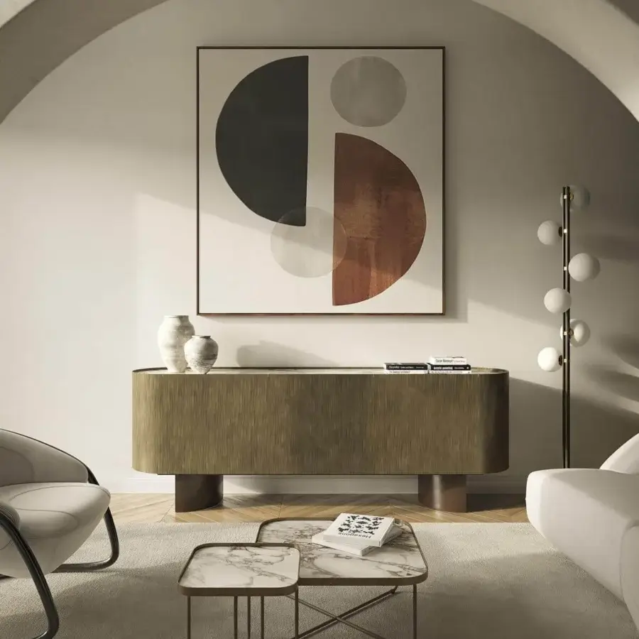 Exceptional Cattelan Italia Savoy sideboard with graphite wood, bronze embossed steel, and warm brown marmi ceramic top