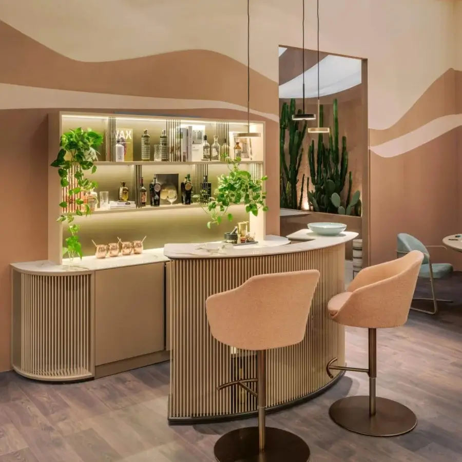 Superior Vismara Dry Bar wall unit and counter with lacquered shelves, integrated lighting, and a light marbled synthetic countertop
