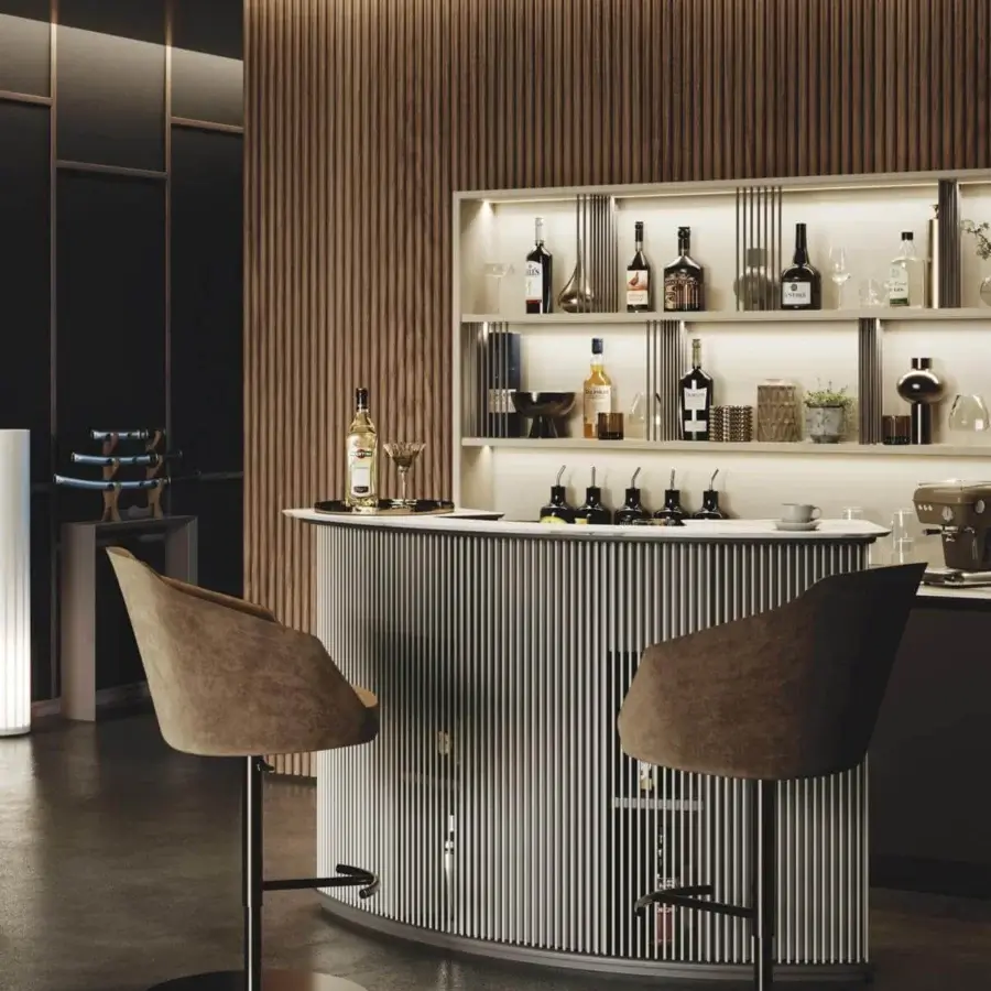 Elegant Vismara Dry Bar wall unit and counter with curved silhouette, lacquered sticks and illuminated shelving