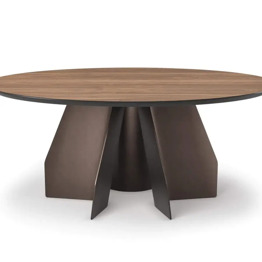 Superior Cattelan Italia Senator Round table with medium brown wood and dark metal, crafted with a smooth finish and trapezoidal steel bases