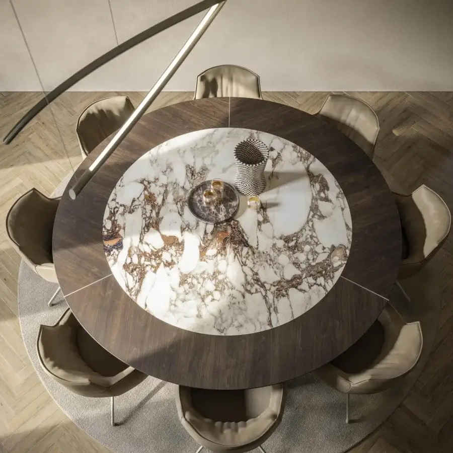 Exceptional Cattelan Italia Senator Ker-Wood round table with brown wood and swirling ceramic insert exhibiting a smooth finish