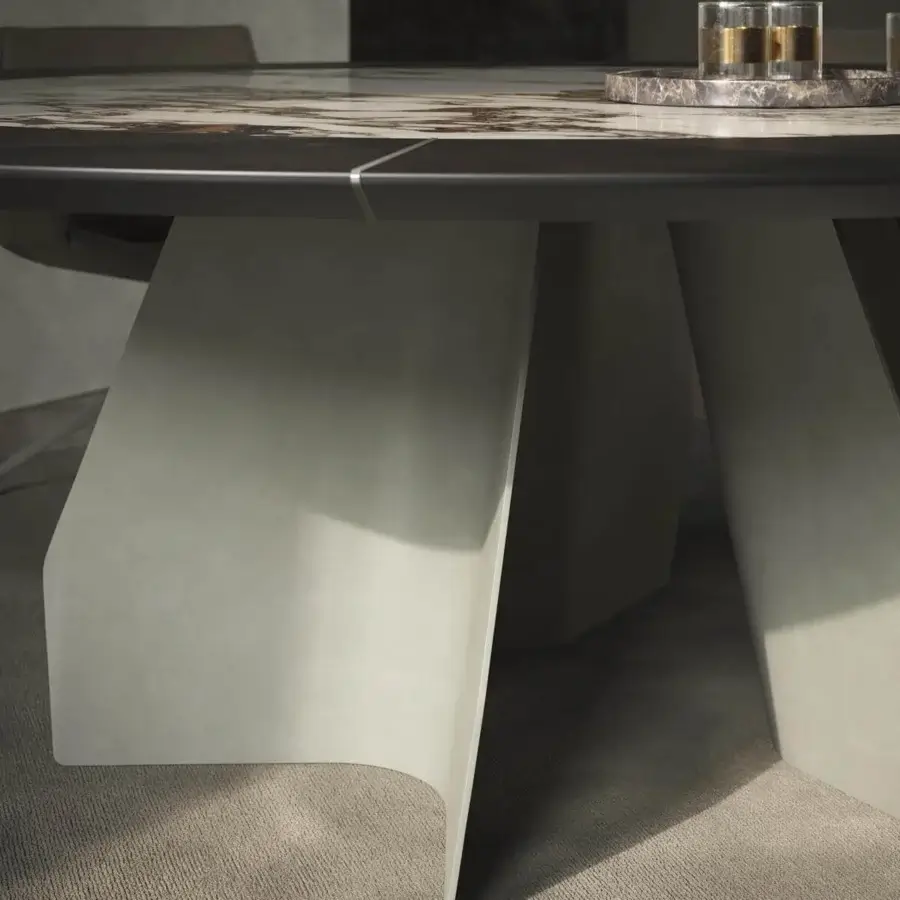 Lavish Cattelan Italia Senator Ker-Wood round table with mottled brown, beige and gray ceramic top and light gray steel base