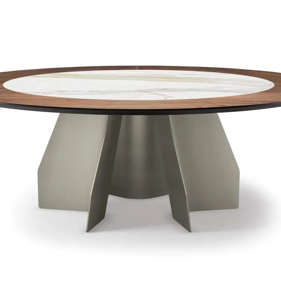 Superior Cattelan Italia Senator Ker-Wood round table with a ceramic insert and muted gray-beige steel base