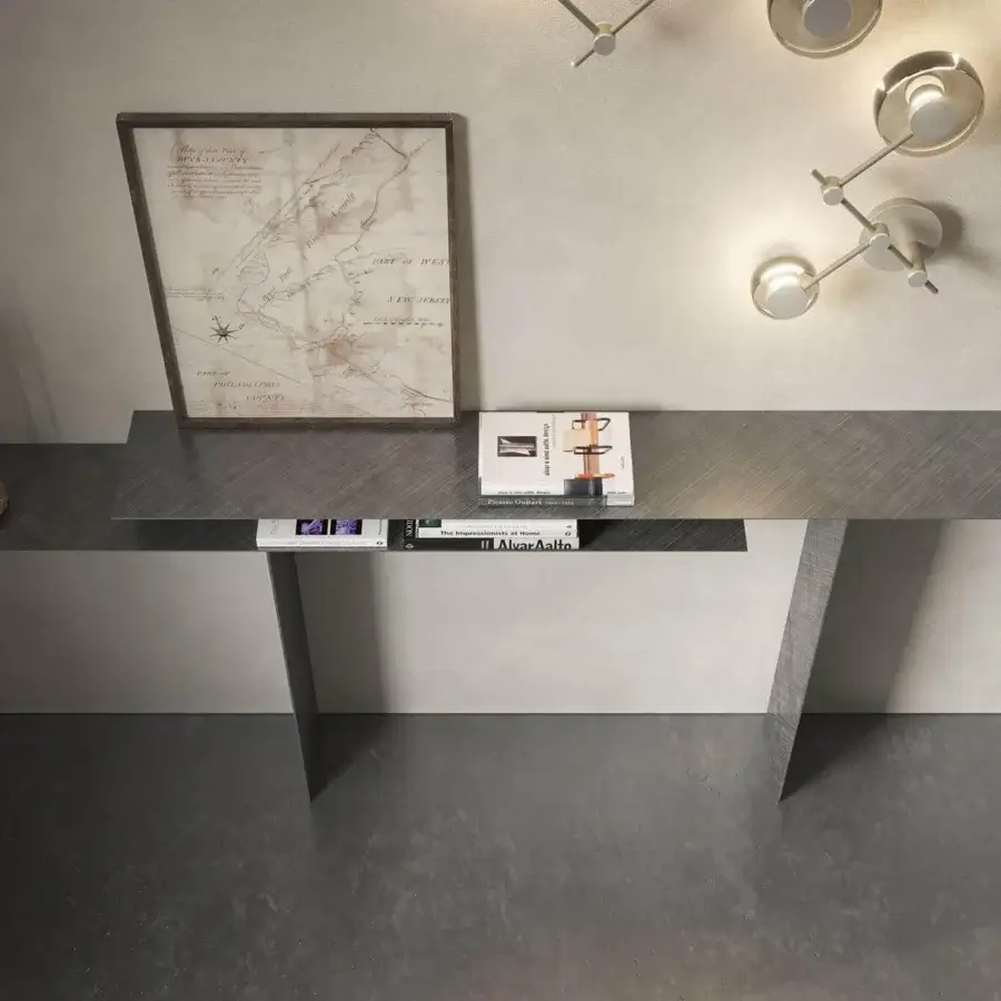 Distinguished Cattelan Italia Tee console with angular lines in brushed steel and a medium-tone gray finish exhibiting subtle metallic decoration
