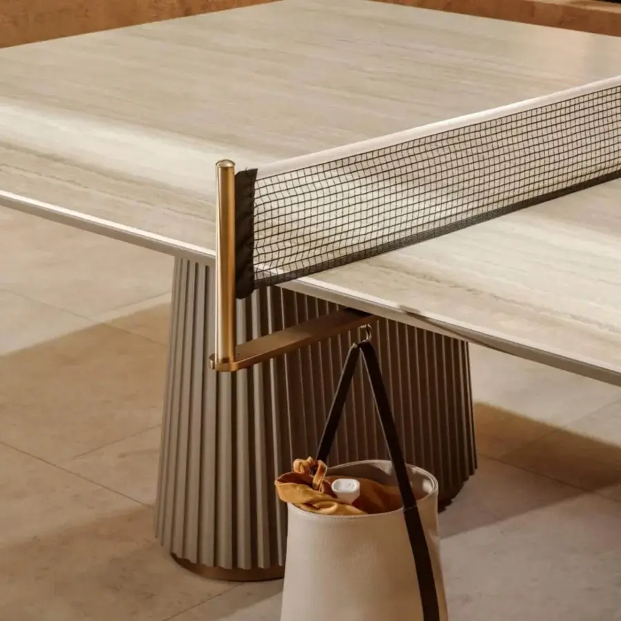 Exceptional Vismara Egeo table-tennis table with ceramic stone effect top in light beige and concrete effect legs crafted in stainless steel