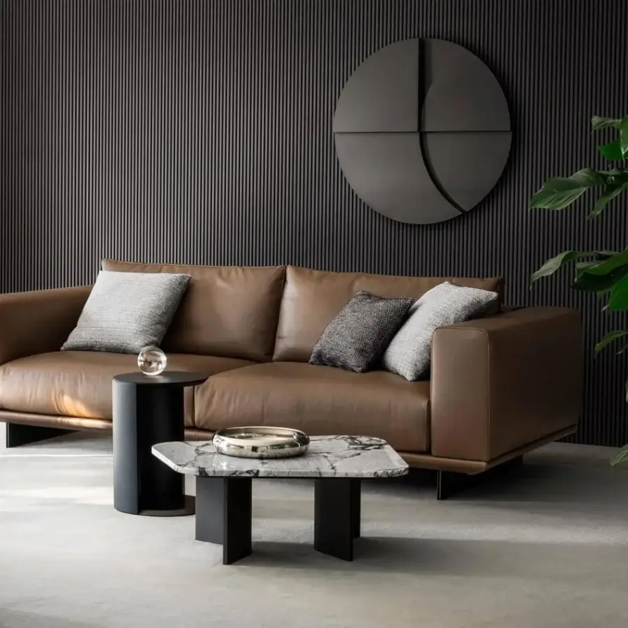 Sophisticated 4 Mariani Asso sofa with brown leather upholstery and matte finish offers plush seating with minimalist metal feet