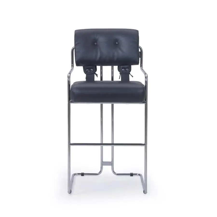 Exceptional 4 Mariani Tucroma stool with sleek steel frame and black upholstered seat secured with saddle leather straps