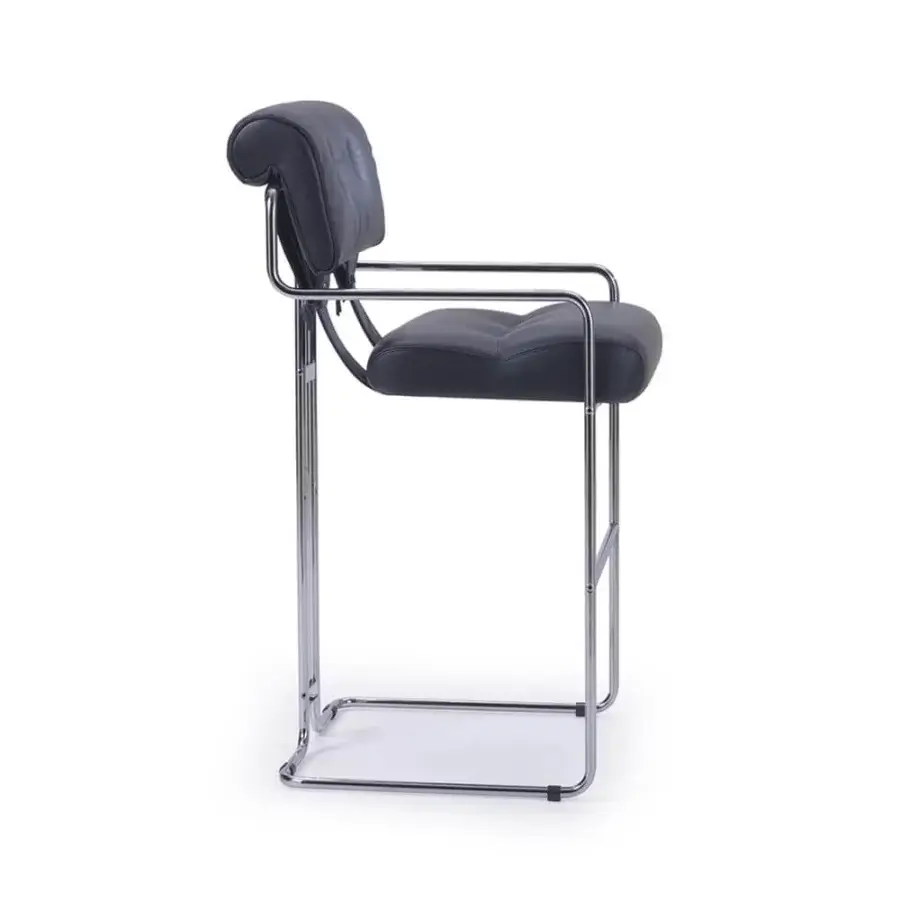 Innovative 4 Mariani Tucroma stool with glossy steel frame and supple black leather cushions connected by saddle leather straps