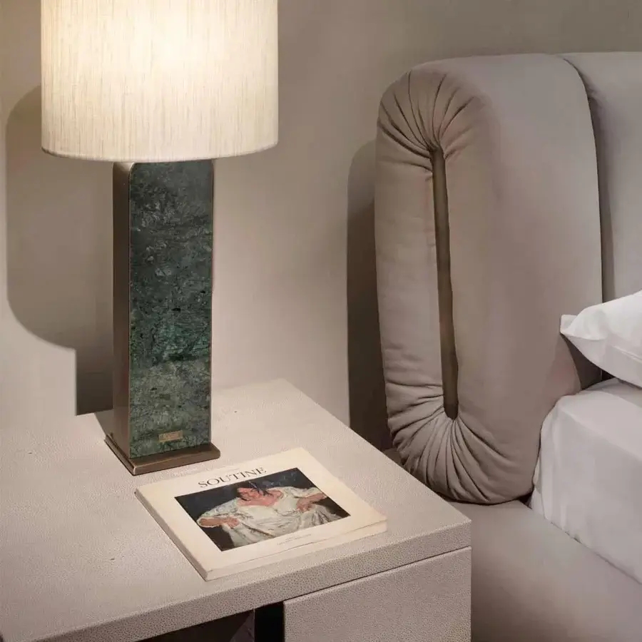 Sophisticated Rugiano Mondrian nightstand in light gray textured leather with refined bronzed brass or satin steel details