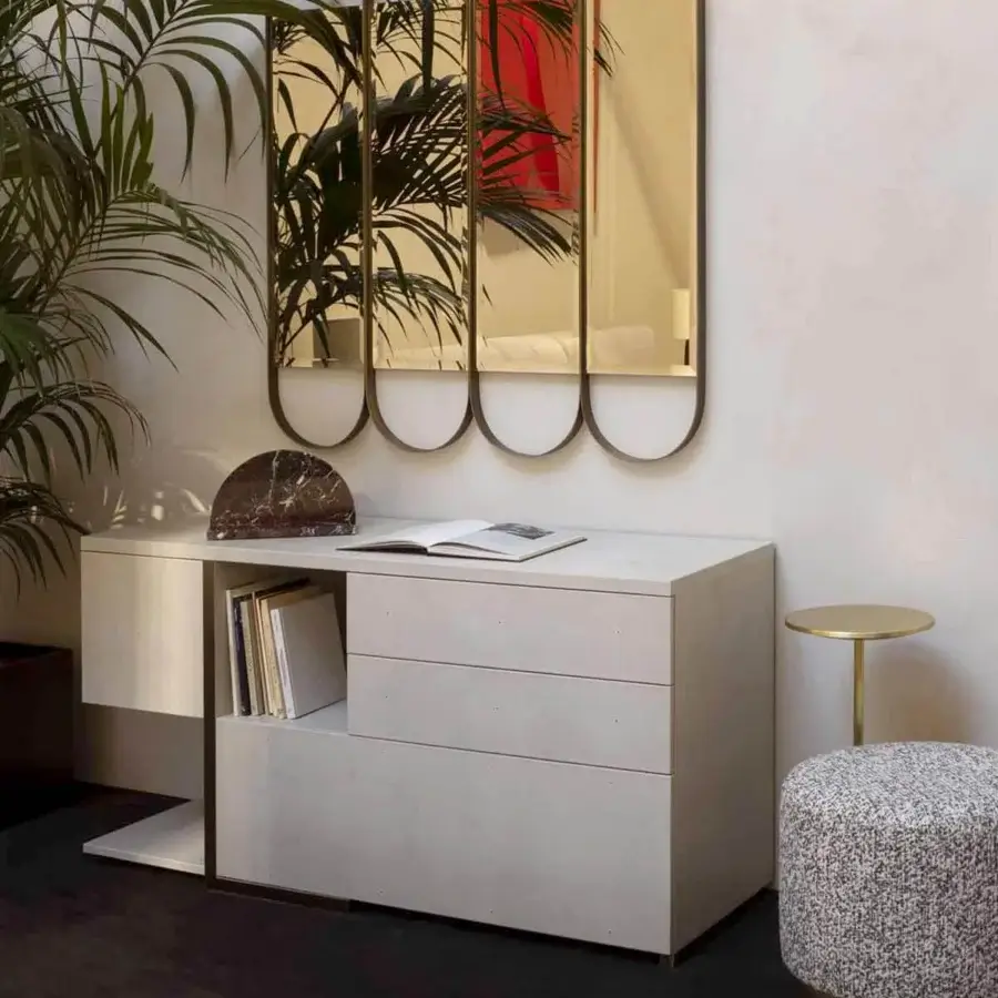 Distinguished Rugiano Mondrian dresser built in light gray leather with refined satin steel details embodying contemporary form