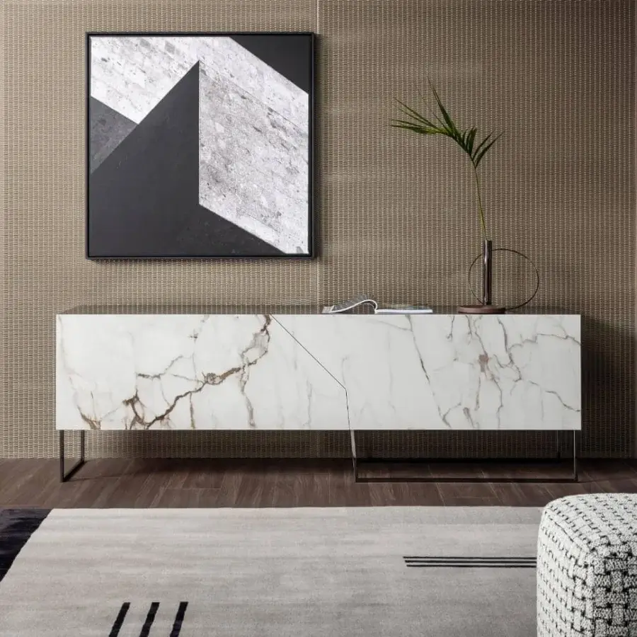 Distinguished Bonaldo Doppler K sideboard with white marble composite and dark matte metal base crafted in a minimalist finish