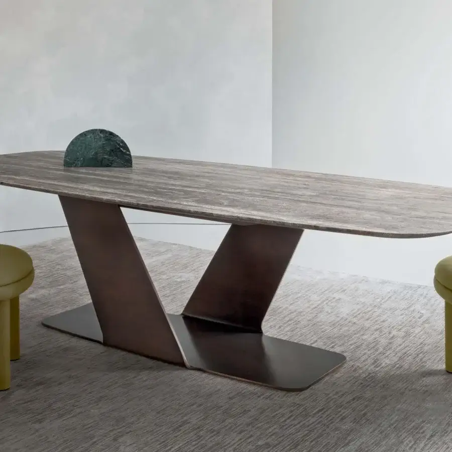 Exclusive Rugiano Wally table crafted in Italy with decorated painted wood and varnished bronze sculpturesque metal base