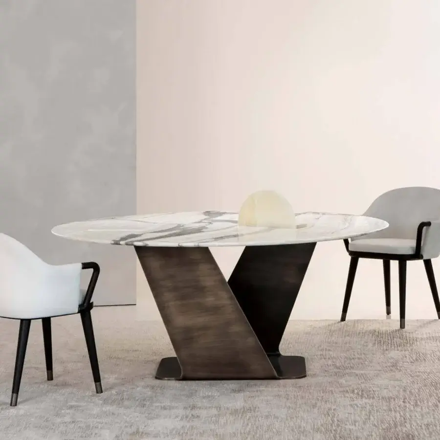 Superior Rugiano Wally table with gray and white marble-like top and varnished bronze, sculpturesque metal base