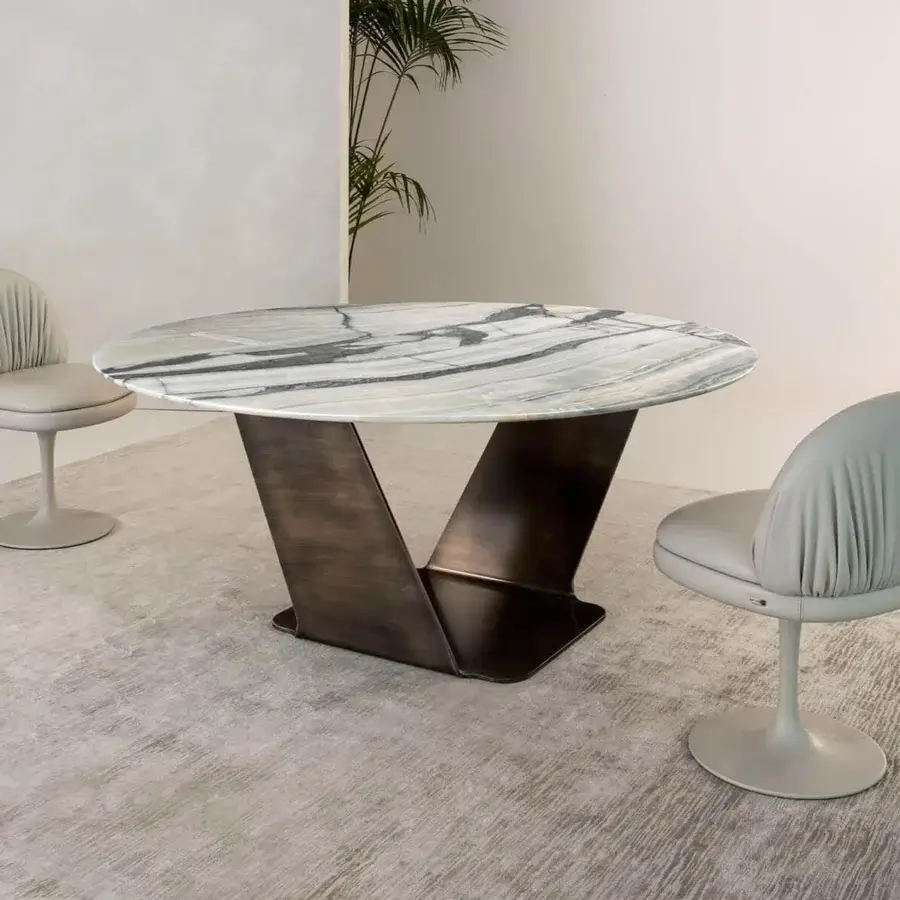 Distinguished Rugiano Fandango chair with light gray textile upholstery and matching pedestal base in a contemporary design