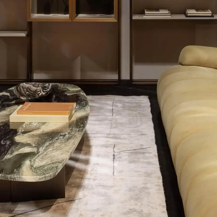 Superior Rugiano Rock coffee table with dark brown, green, and beige Decoro painted wood and bronzed brass metal legs